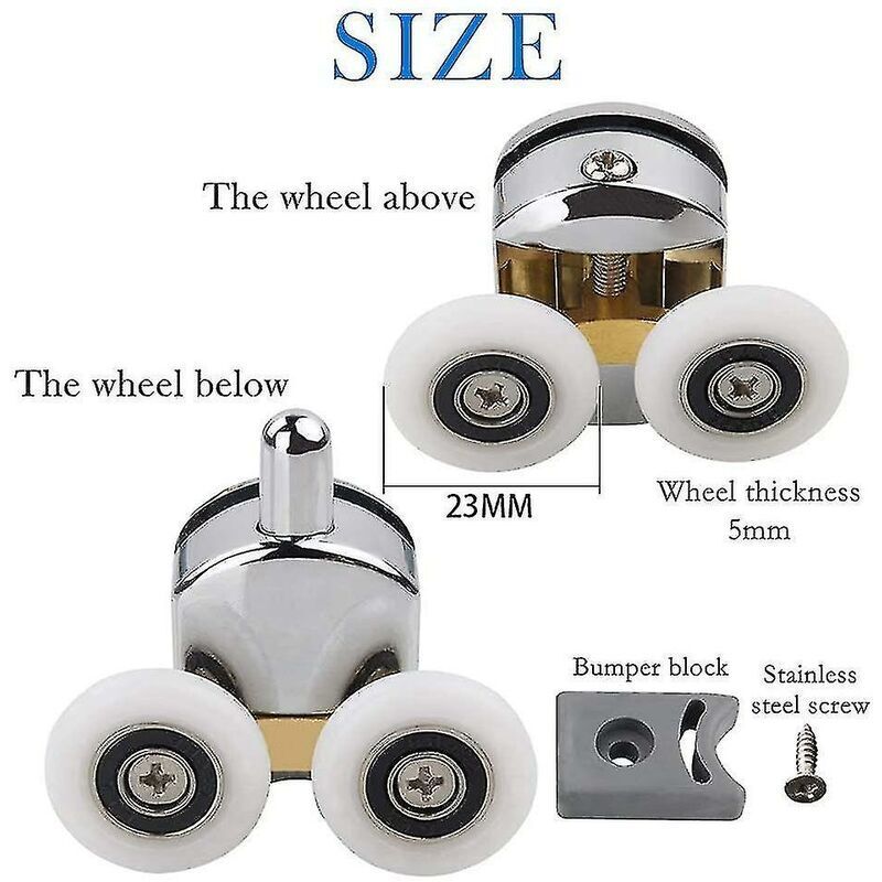4 Pack Shower Door Rollers Upper and Lower Replacement Wheels for Sliding Shower, 23mm V1237-ZY-522-0031
