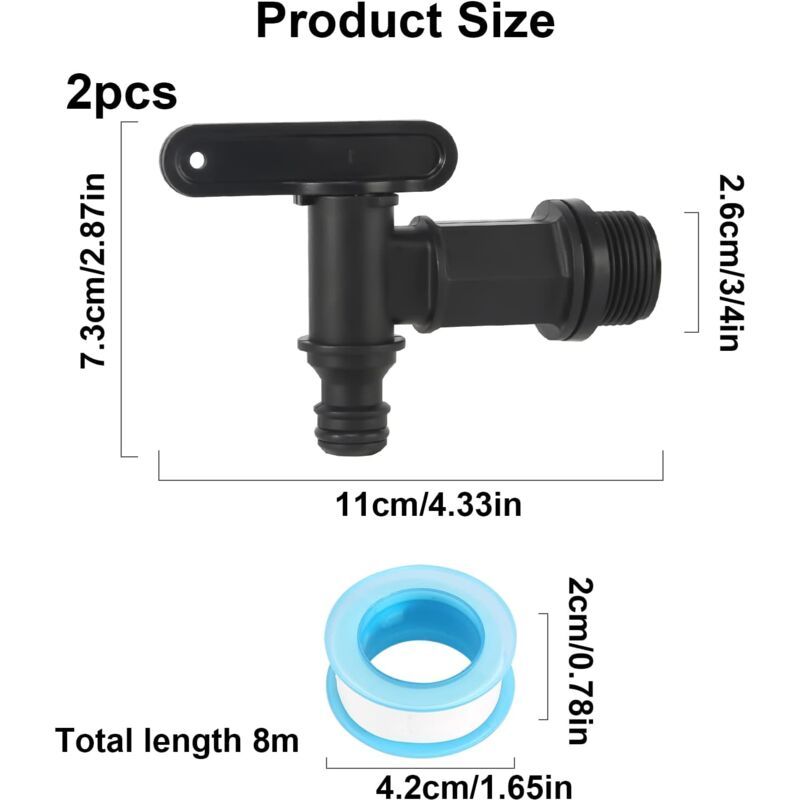 2 Pack Rain Tank Tap with PTFE Tape IBC Drain Tap Plastic Replacement Tap, 0.75 Inch V1237-ZY-522-0040