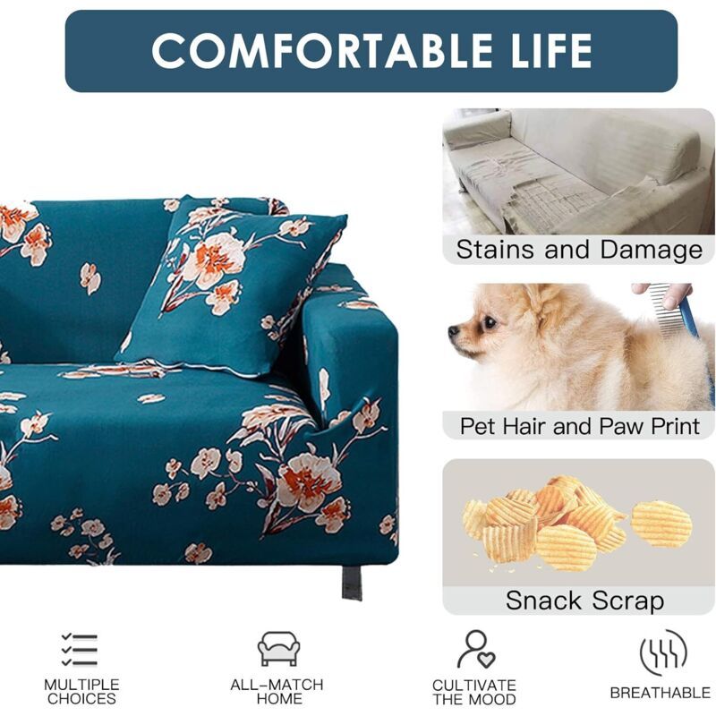 3 Seater Stretch Sofa Cover with Armrests Elastic Furniture Protector Blue Flower V1237-ZY-522-0051