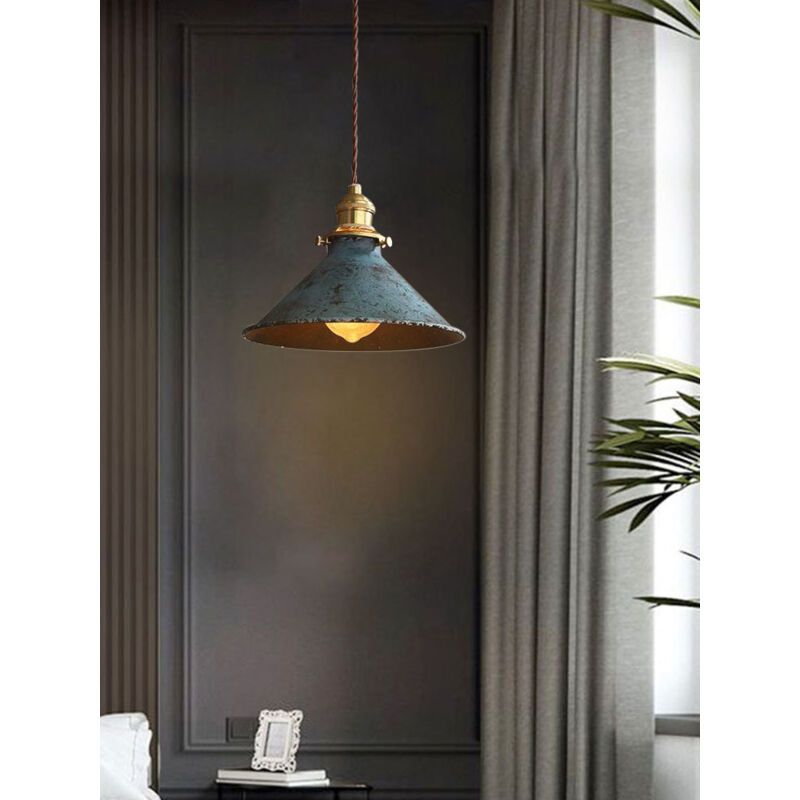 Nordic Retro Metal Cage E27 Pendant Ceiling Light Blue Industrial Chandelier, 8.27in Diameter V1237-ZY-522-0065