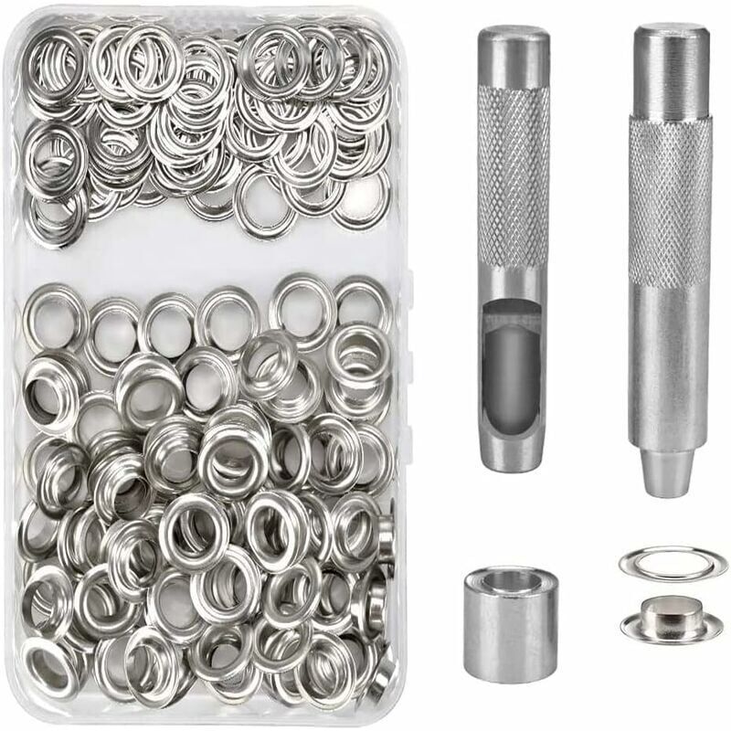 100 Pack Metal Grommet Eyelet Kit with Tools for Canvas Tarpaulin Tent Repair Silver, 14mm V1237-ZY-522-0084