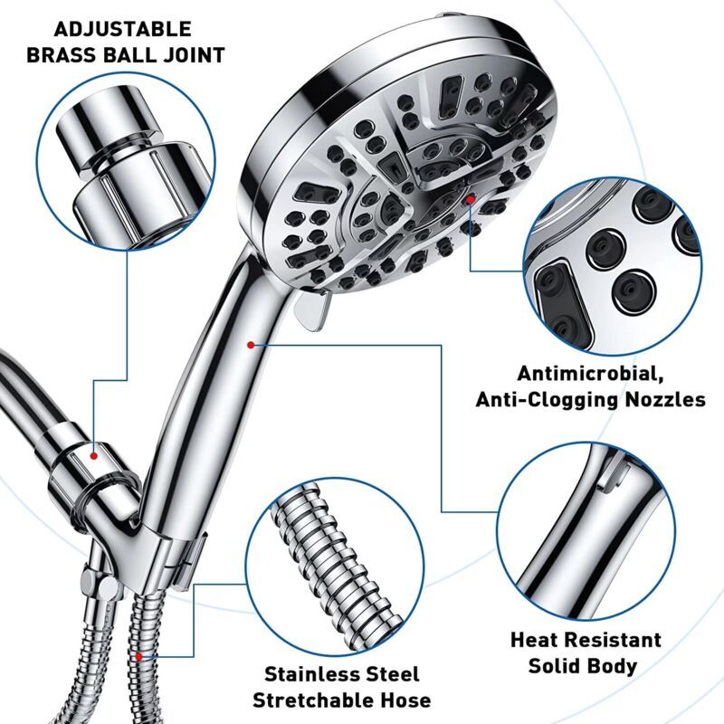 Square Shower Head with Hose Chrome 10 Mode Adjustable High Pressure Hand Shower, 1.5M Hose V1237-ZY-522-0088