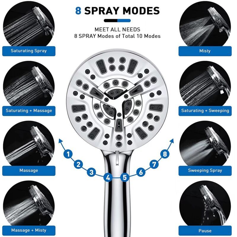 Square Shower Head with Hose Chrome 10 Mode Adjustable High Pressure Hand Shower, 1.5M Hose V1237-ZY-522-0088
