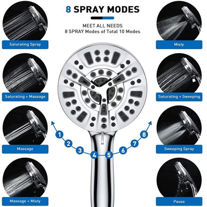 Square Shower Head with Hose Chrome 10 Mode Adjustable High Pressure Hand Shower, 1.5M Hose V1237-ZY-522-0088