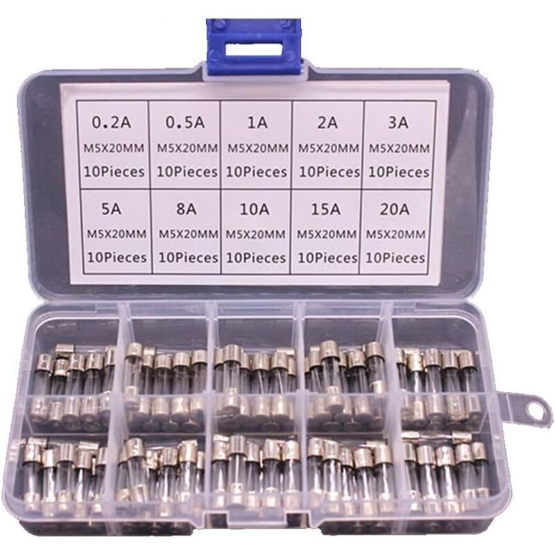 100 Pack Glass Fuse Assortment in Box, 5 x 20mm 0.2A to 20A V1237-ZY-522-0097