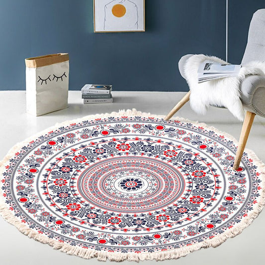 Rug Living Room Round Rug Cotton Hand Woven Mandala Pattern Bohemian Vintage Style Rug with Tassels Machine V1237-ZY-528-003