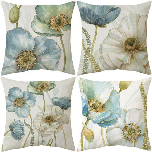4 Pack Outdoor Cushion Cover, Waterproof Yellow and Blue Flowers Pattern Sofa Pillowcase for Patio Garden V1237-ZY-528-007
