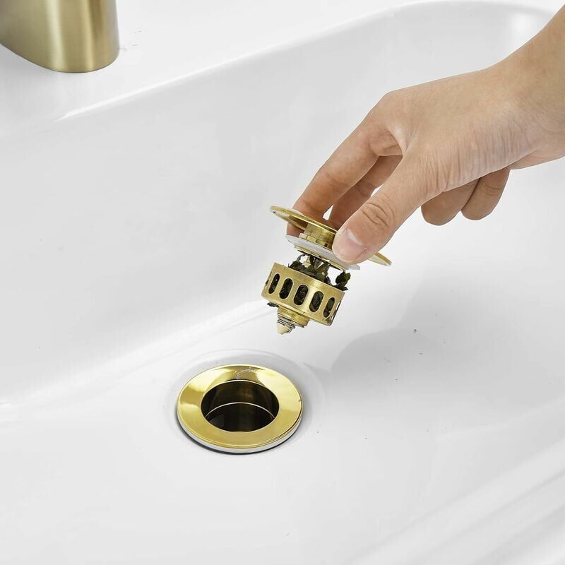 Gold Pop up Sink Drain Without Overflow, Drain Plug with Strainer Basket, Drain Waste for Bathroom Sink Brass V1237-ZY-528-018