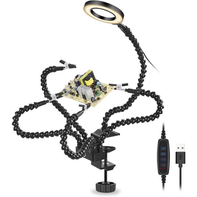 Helping Hands Soldering Third Hand PCB Holder with 5 Flexible Arms and 3 Adjustable Light Settings Magnifying V1237-ZY-528-020