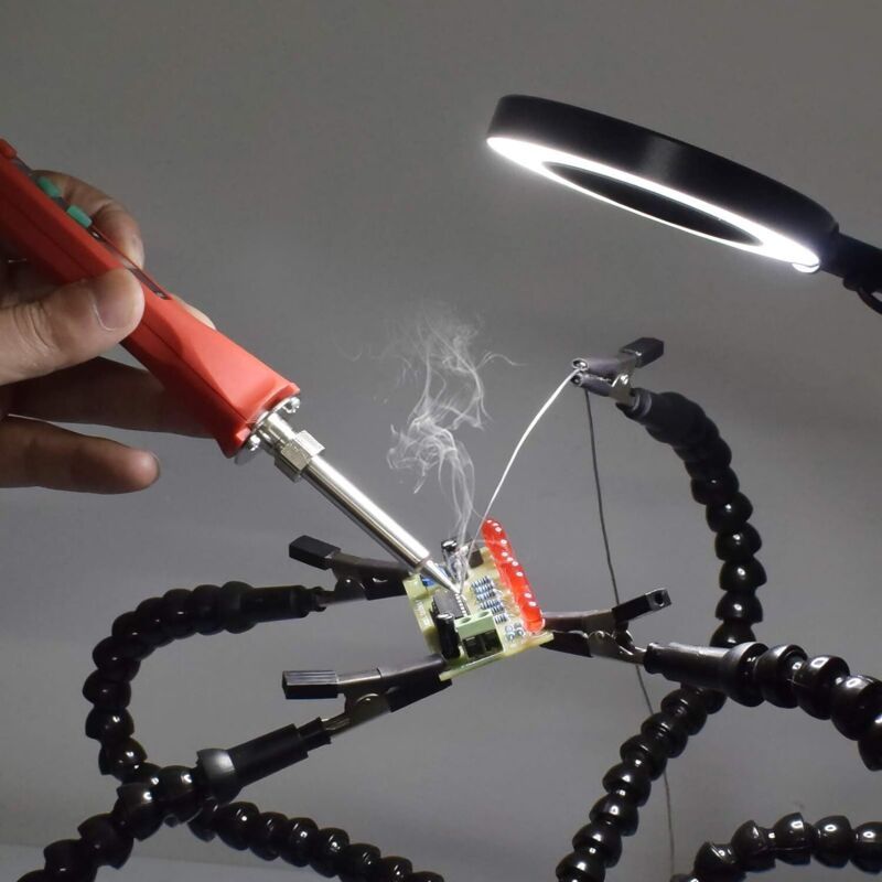 Helping Hands Soldering Third Hand PCB Holder with 5 Flexible Arms and 3 Adjustable Light Settings Magnifying V1237-ZY-528-020