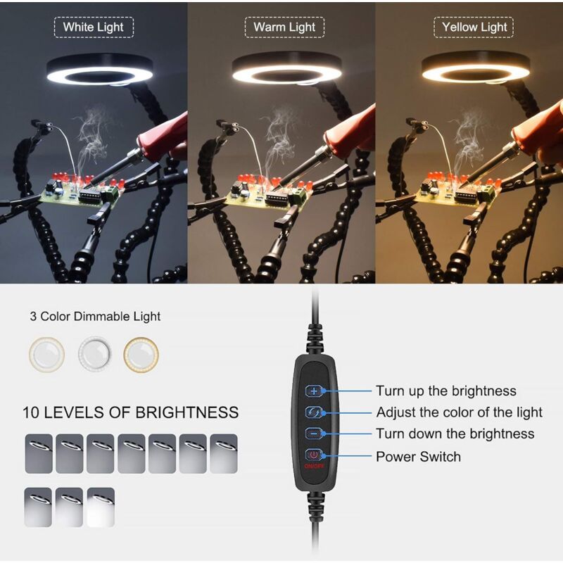 Helping Hands Soldering Third Hand PCB Holder with 5 Flexible Arms and 3 Adjustable Light Settings Magnifying V1237-ZY-528-020