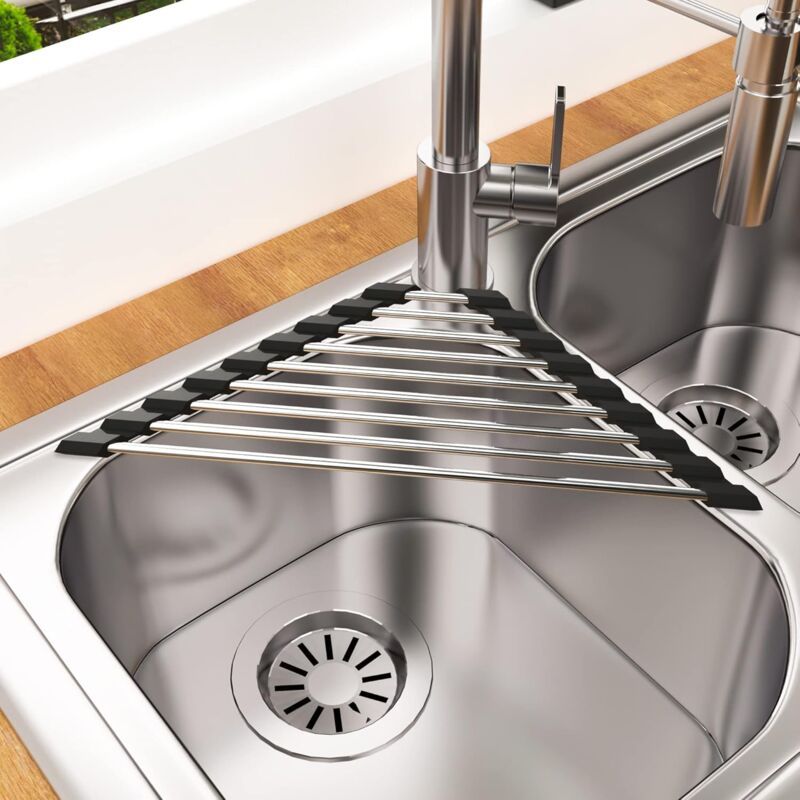 2 Pieces Sink Dish Drainer Black Foldable Removable Stainless Steel Sink Roller Drainer Triangular, 41CM, 15CM V1237-ZY-528-038
