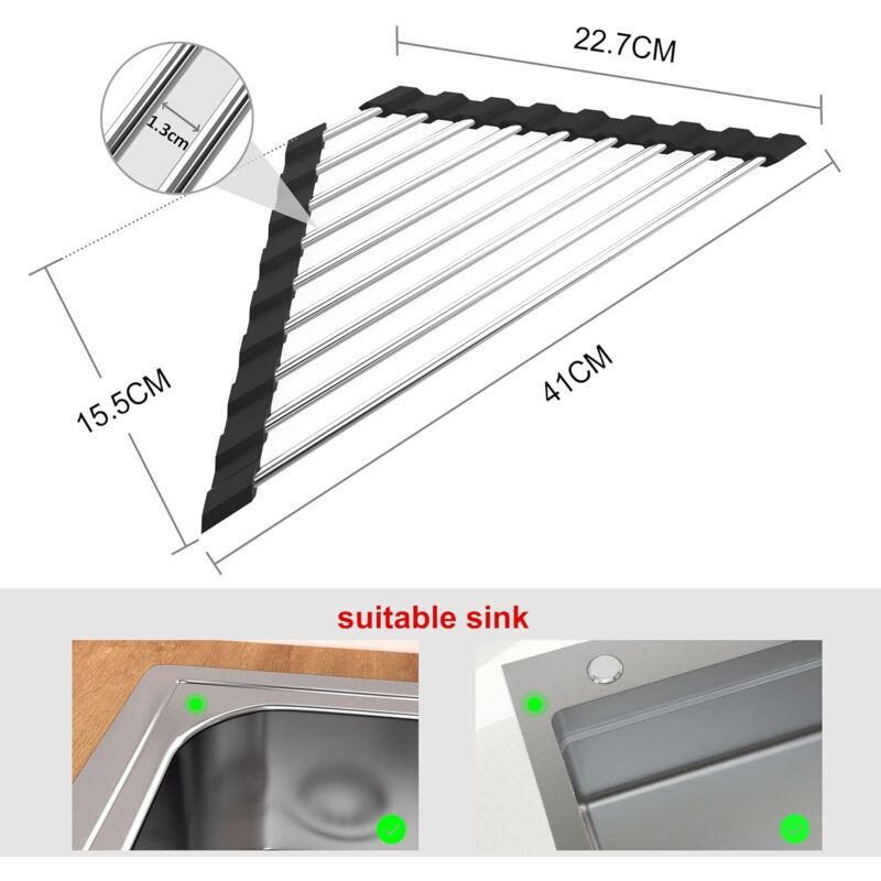 2 Pieces Sink Dish Drainer Black Foldable Removable Stainless Steel Sink Roller Drainer Triangular, 41CM, 15CM V1237-ZY-528-038