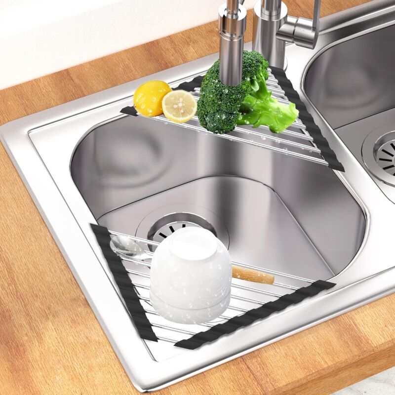 2 Pieces Sink Dish Drainer Black Foldable Removable Stainless Steel Sink Roller Drainer Triangular, 41CM, 15CM V1237-ZY-528-038