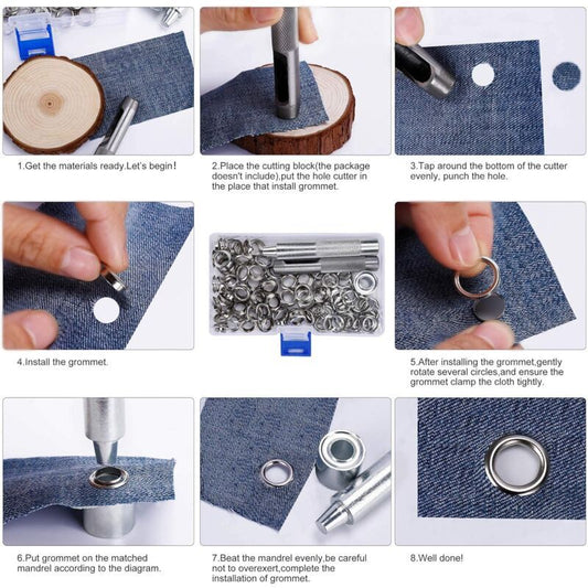 123 Pieces Eyelet Sets Grommets Metal Grommets Kit with Storage Box for Canvas Tarpaulin Tent Curtains V1237-ZY-528-052