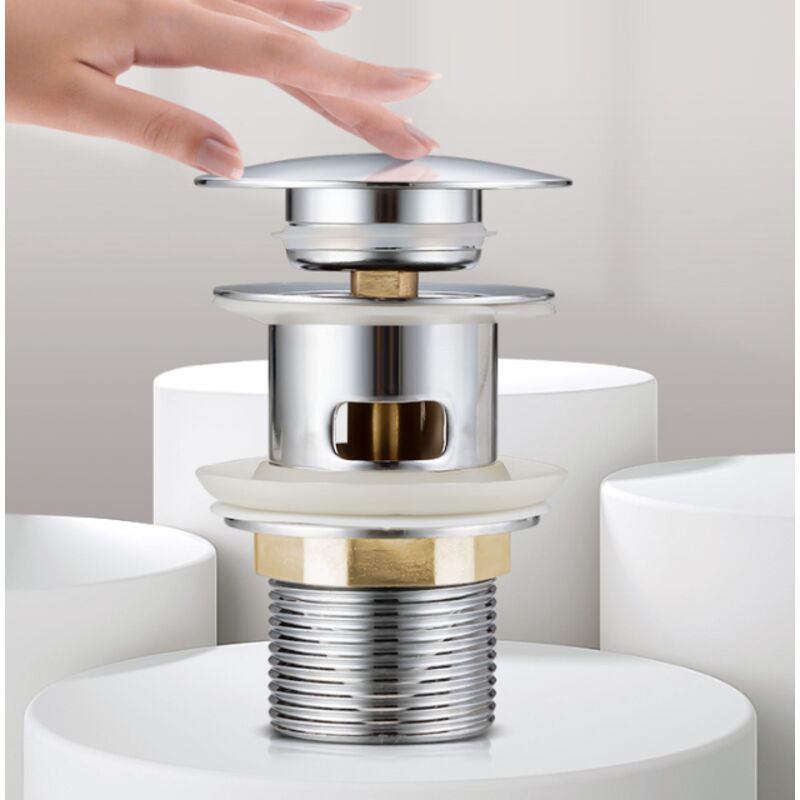 Basin Drain with Overflow Hole Stainless Steel Lid, Stainless Steel Body, Copper Nut, Copper Movement V1237-ZY-528-059