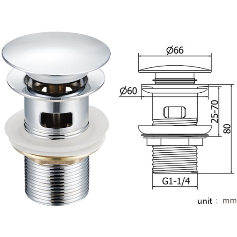 Basin Drain with Overflow Hole Stainless Steel Lid, Stainless Steel Body, Copper Nut, Copper Movement V1237-ZY-528-059