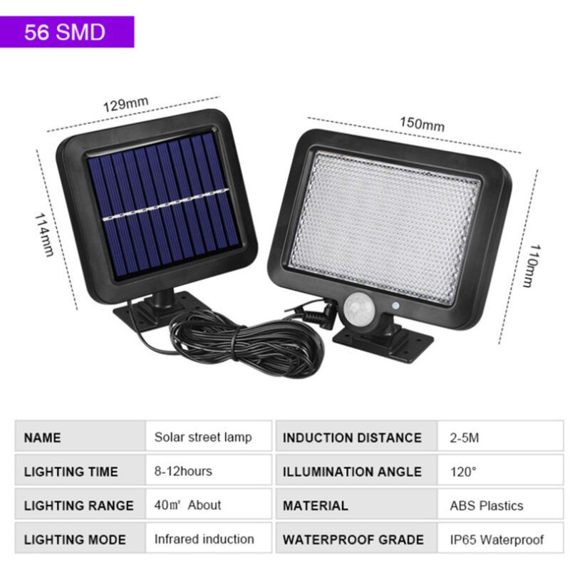 Outdoor Solar Light with 56 LED Motion Sensor IP65 Waterproof 120 Degree Solar Garden Light with Cable, 5m V1237-ZY-528-092