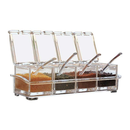 4 Pieces Kitchen Transparent Acrylic Condiment Box Four inch one Spice Jars with Spoons and Condiment V1237-ZY-528-097