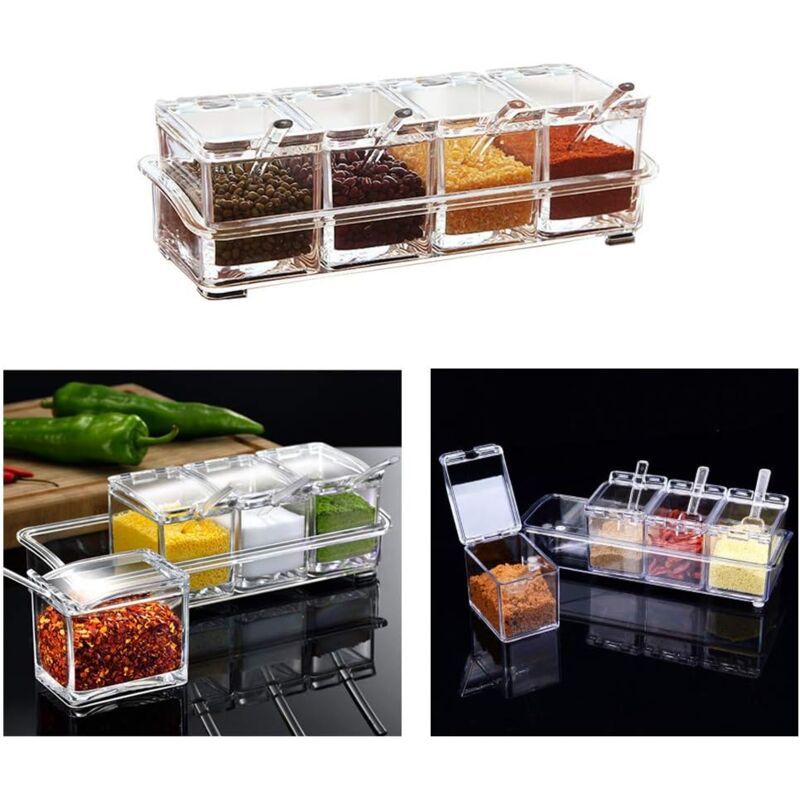 4 Pieces Kitchen Transparent Acrylic Condiment Box Four inch one Spice Jars with Spoons and Condiment V1237-ZY-528-097
