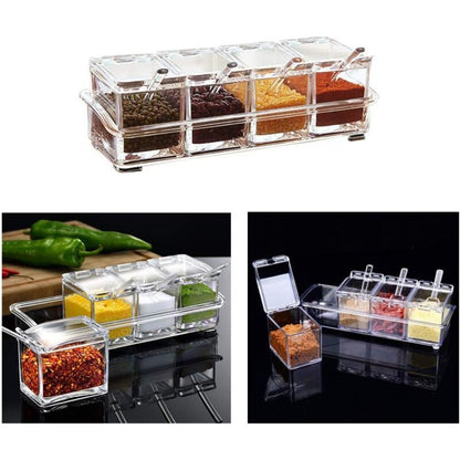 4 Pieces Kitchen Transparent Acrylic Condiment Box Four inch one Spice Jars with Spoons and Condiment V1237-ZY-528-097
