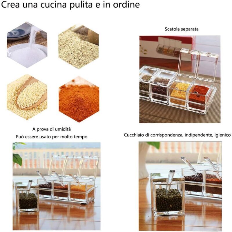 4 Pieces Kitchen Transparent Acrylic Condiment Box Four inch one Spice Jars with Spoons and Condiment V1237-ZY-528-097
