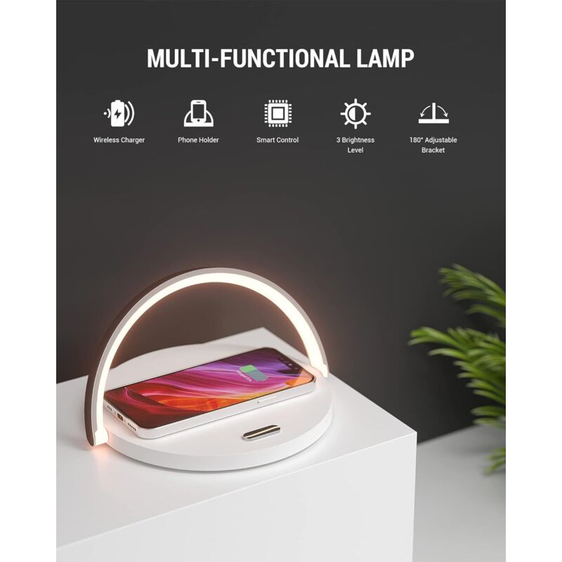 Wireless Charger Bedside Lamp LED Touch Night Light with QC3.0 10W Induction Charger, White V1237-ZY-528-129