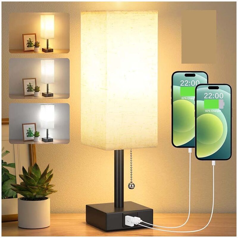 Dimmable Bedside Lamp with USB A and USB C Charging Ports LED Bulb Pull Chain Switch, 3000K 4000K 5000K V1237-ZY-528-199