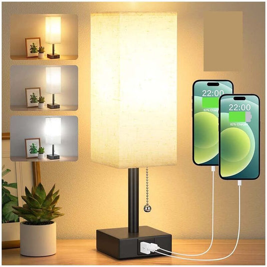 Dimmable Bedside Lamp with USB A and USB C Charging Ports LED Bulb Pull Chain Switch, 3000K 4000K 5000K V1237-ZY-528-199