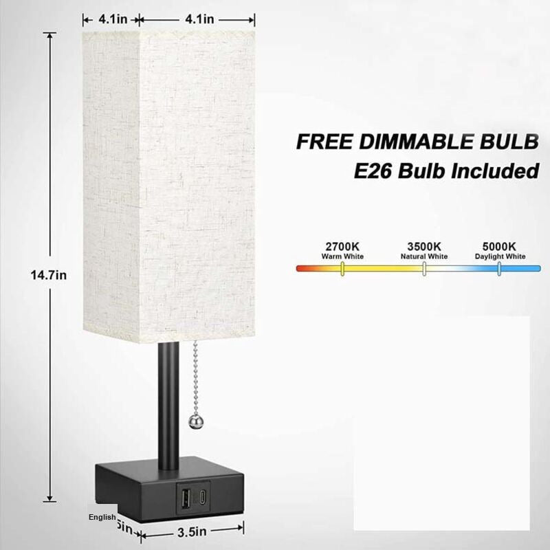 Dimmable Bedside Lamp with USB A and USB C Charging Ports LED Bulb Pull Chain Switch, 3000K 4000K 5000K V1237-ZY-528-199