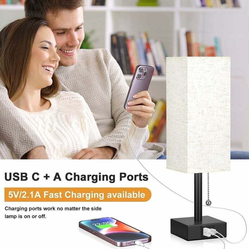 Dimmable Bedside Lamp with USB A and USB C Charging Ports LED Bulb Pull Chain Switch, 3000K 4000K 5000K V1237-ZY-528-199