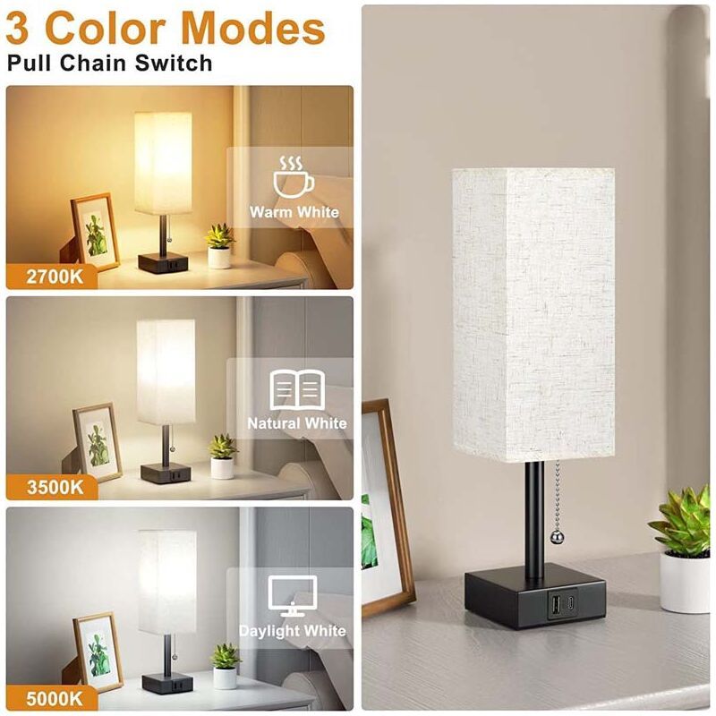 Dimmable Bedside Lamp with USB A and USB C Charging Ports LED Bulb Pull Chain Switch, 3000K 4000K 5000K V1237-ZY-528-199