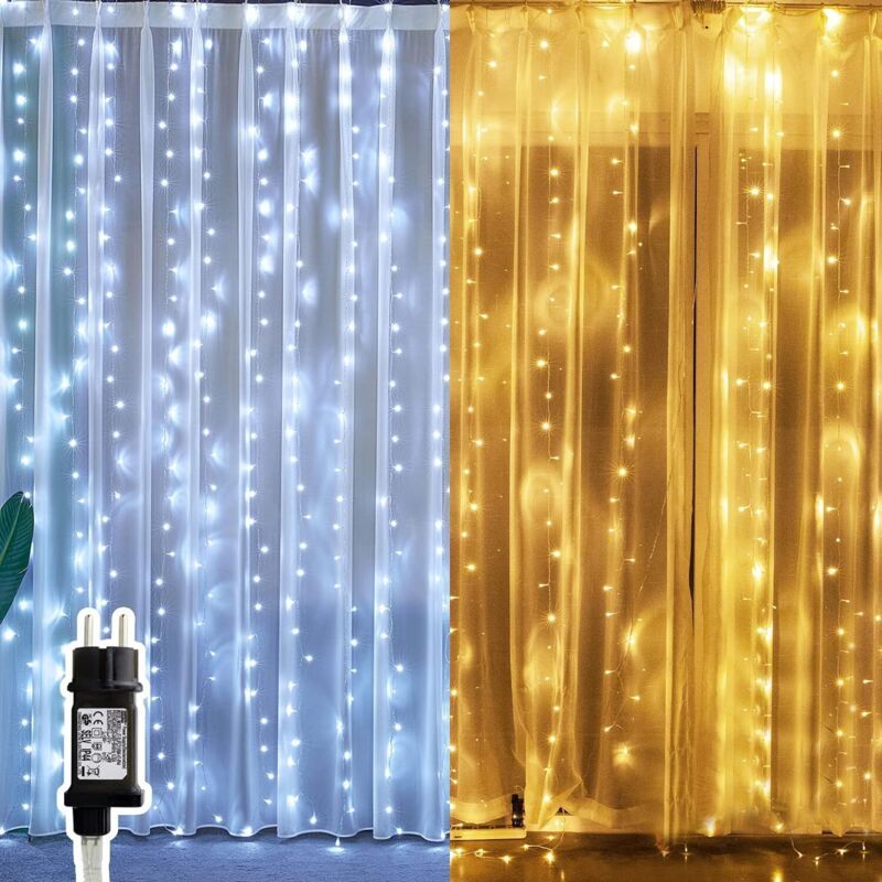 Outdoor LED Light Curtain with 8 Modes Warm White Christmas String Lights, 3 x 3 m, 300 LED V1237-ZY-528-232