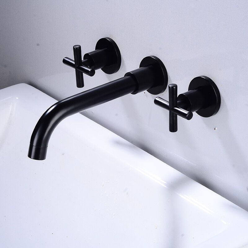 Basin Mixer Tap Matte Black Wall Mounted Bathroom Faucet Double Handle Brass Basin Mixer with Rough inch V1237-ZY-528-259