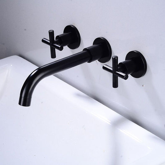 Basin Mixer Tap Matte Black Wall Mounted Bathroom Faucet Double Handle Brass Basin Mixer with Rough inch V1237-ZY-528-259