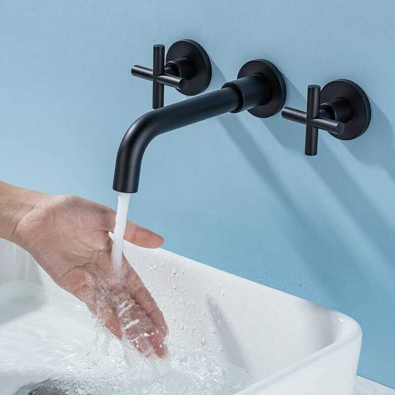 Basin Mixer Tap Matte Black Wall Mounted Bathroom Faucet Double Handle Brass Basin Mixer with Rough inch V1237-ZY-528-259