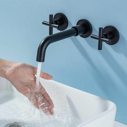 Basin Mixer Tap Matte Black Wall Mounted Bathroom Faucet Double Handle Brass Basin Mixer with Rough inch V1237-ZY-528-259