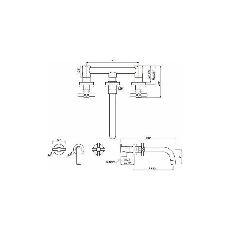 Basin Mixer Tap Matte Black Wall Mounted Bathroom Faucet Double Handle Brass Basin Mixer with Rough inch V1237-ZY-528-259