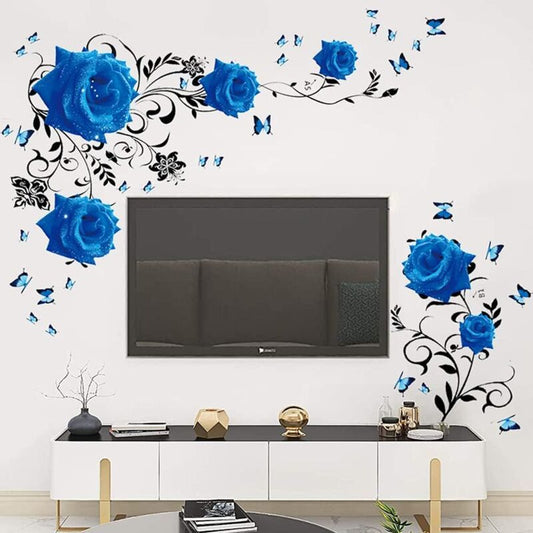 Wall Decal, Blue Rose Wall Stickers Blue Peony Floral Wall Decor Vinyl Wall Art for Bedroom TV Wall Decor V1237-ZY-528-261