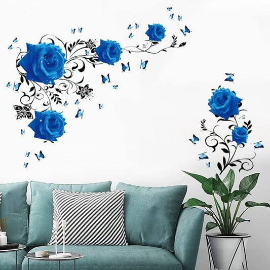 Wall Decal, Blue Rose Wall Stickers Blue Peony Floral Wall Decor Vinyl Wall Art for Bedroom TV Wall Decor V1237-ZY-528-261