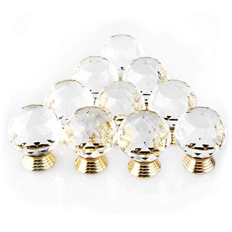 10 Pack Handle Door Knob Diameter Crystal Gold, Cabinet Knobs Mant Round Glass Knobs Decoration for Furniture V1237-ZY-528-263