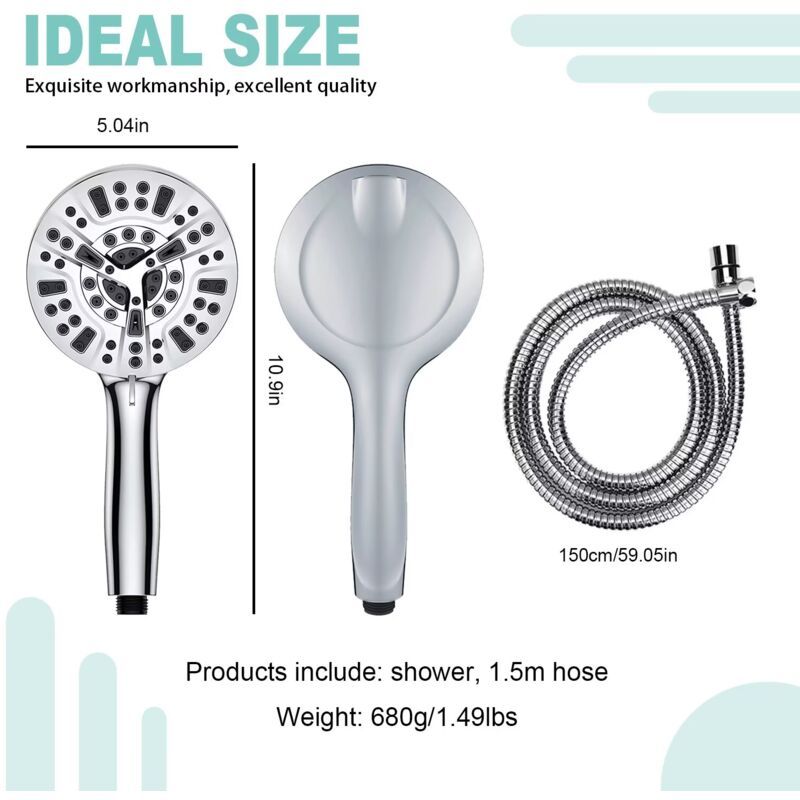 High Pressure Handheld Shower Head with 8 Spray Settings and 2 Spray Modes with Stainless Steel Hose, 1.5m V1237-ZY-528-272