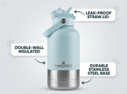 Pawstock 3-in-1 Insulated Dog Water Bottle with Dual Bowls - 1L Stainless Steel Travel Bottle-Aqua V1242-HD-16-0003