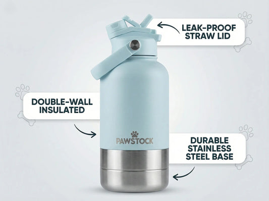 Pawstock 3-in-1 Insulated Dog Water Bottle with Dual Bowls - 1L Stainless Steel Travel Bottle-Aqua V1242-HD-16-0003