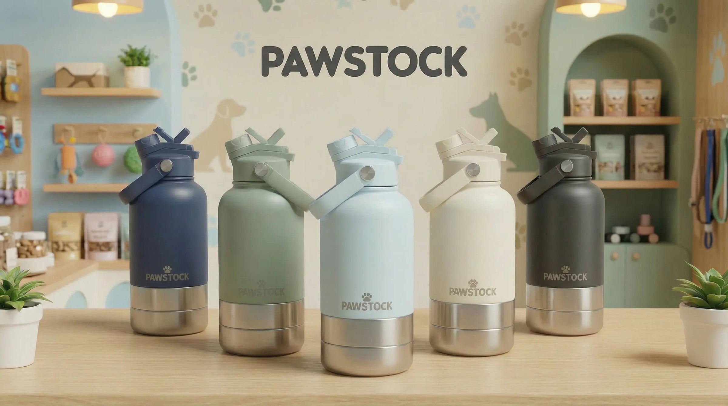 Pawstock 3-in-1 Insulated Dog Water Bottle with Dual Bowls - 1L Stainless Steel Travel Bottle-Aqua V1242-HD-16-0003