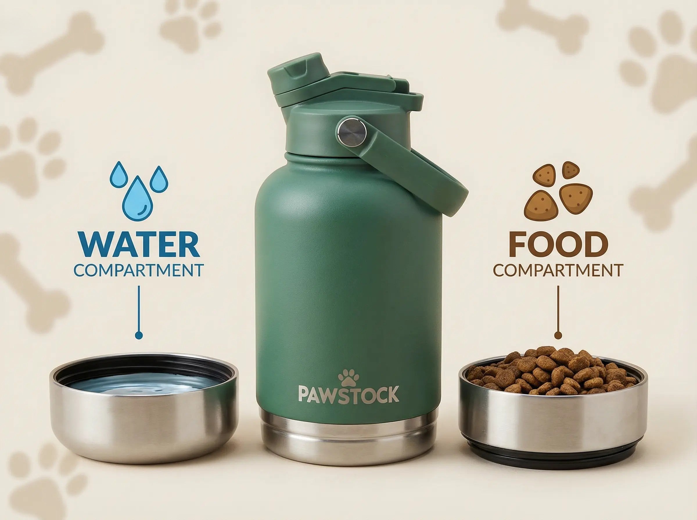 Pawstock 3-in-1 Insulated Dog Water Bottle with Dual Bowls - 1L Stainless Steel Travel Bottle-Rainforest Green V1242-HD-16-008