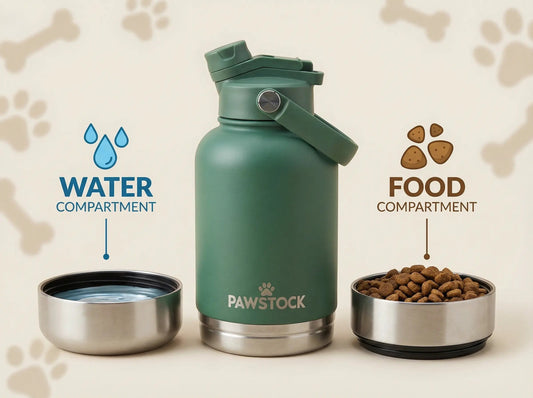 Pawstock 3-in-1 Insulated Dog Water Bottle with Dual Bowls - 1L Stainless Steel Travel Bottle-Rainforest Green V1242-HD-16-008