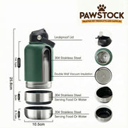 Pawstock 3-in-1 Insulated Dog Water Bottle with Dual Bowls - 1L Stainless Steel Travel Bottle-Rainforest Green V1242-HD-16-008