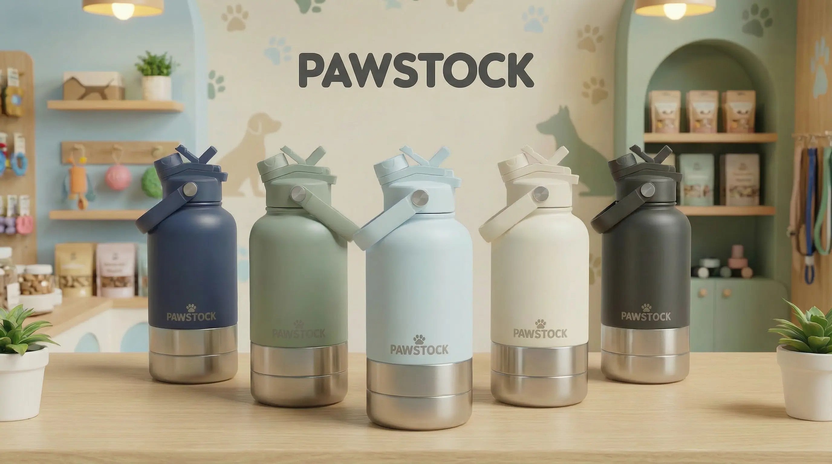 Pawstock 3-in-1 Insulated Dog Water Bottle with Dual Bowls - 1L Stainless Steel Travel Bottle-Rainforest Green V1242-HD-16-008