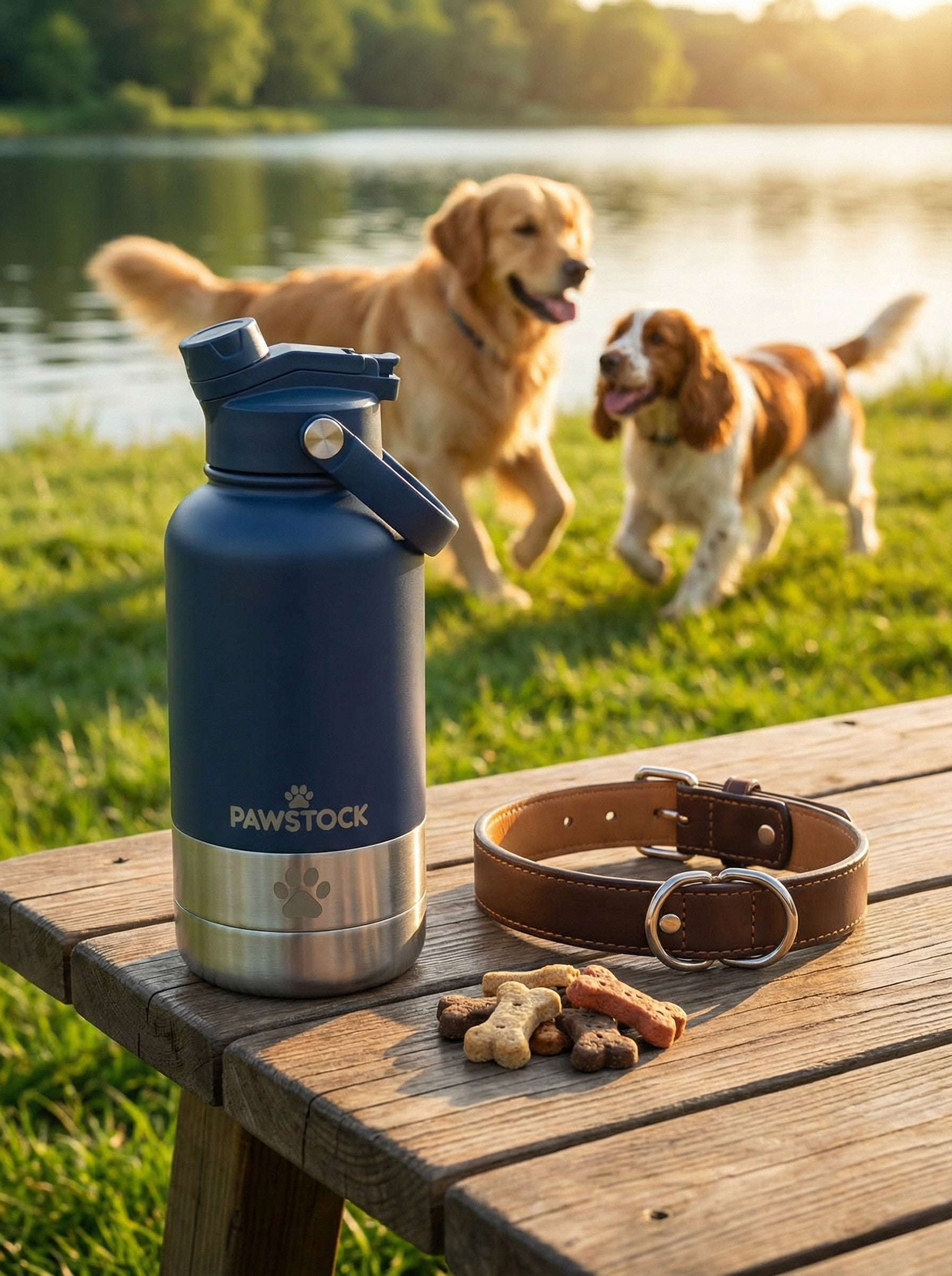 Pawstock 3-in-1 Insulated Dog Water Bottle with Dual Bowls - 1L Stainless Steel Travel Bottle - Navy V1242-PAW1361N